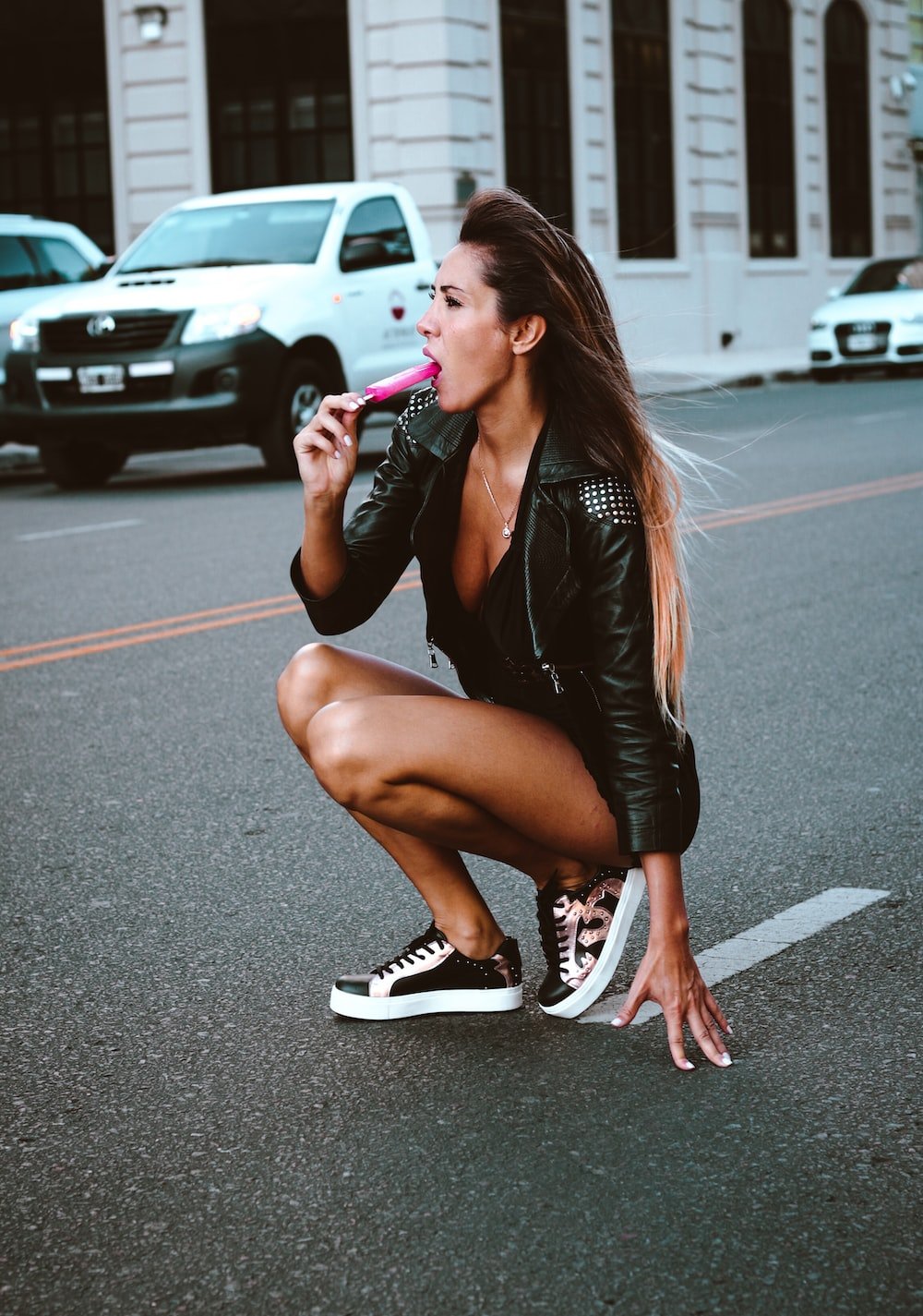 Photoshoot in a swimsuit and sneakers