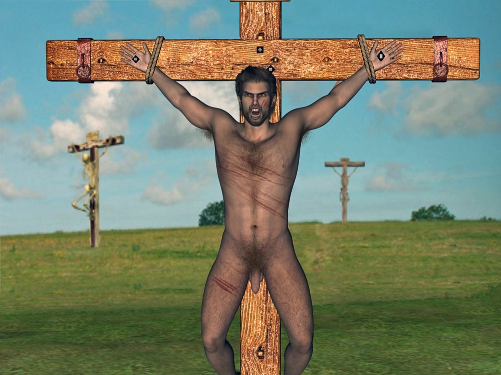Naked brunette crucified