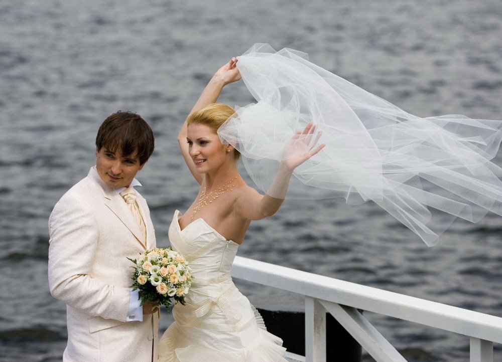 Brides in wedding dresses embarrass