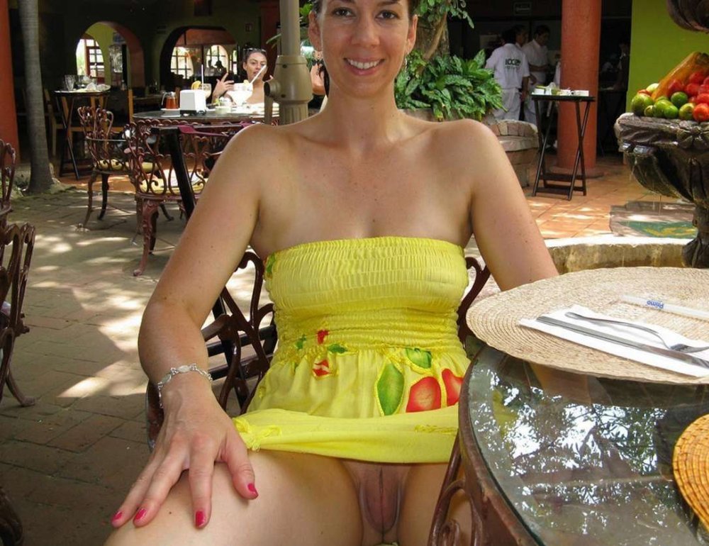 Wife without panties in a cafe