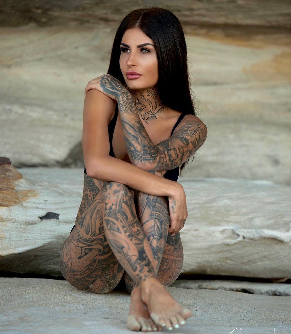Girls in underwear with a short haircut and tattoo