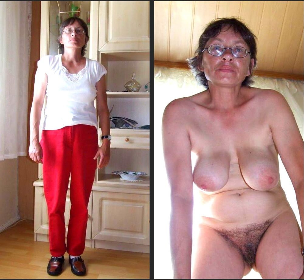 An elderly lady in clothes and without