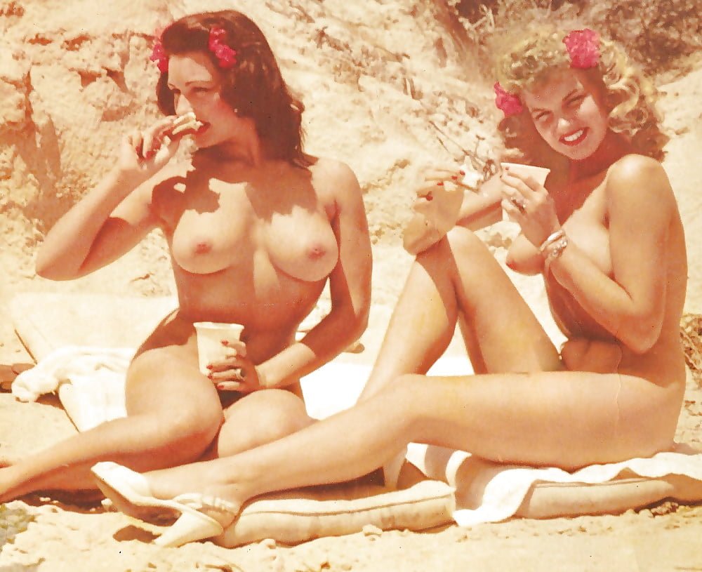 Naked young on the beach retro