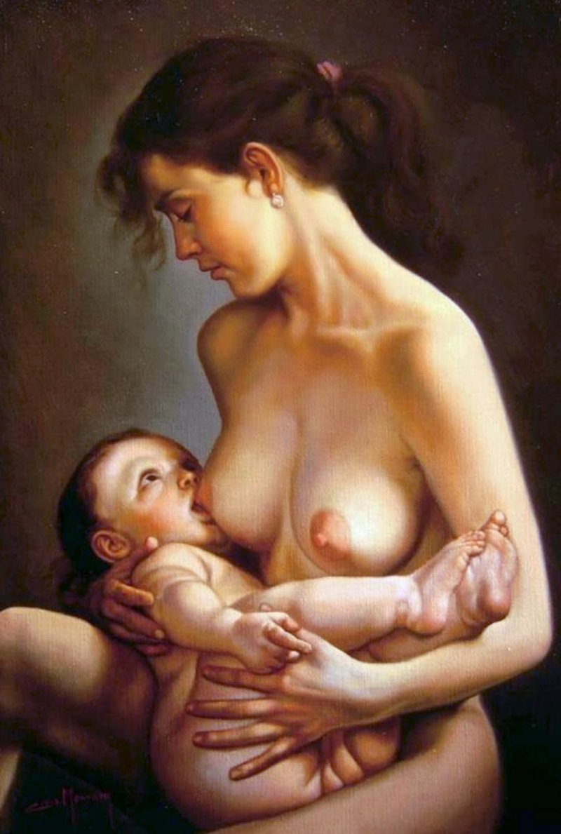 Naked woman breastfeed