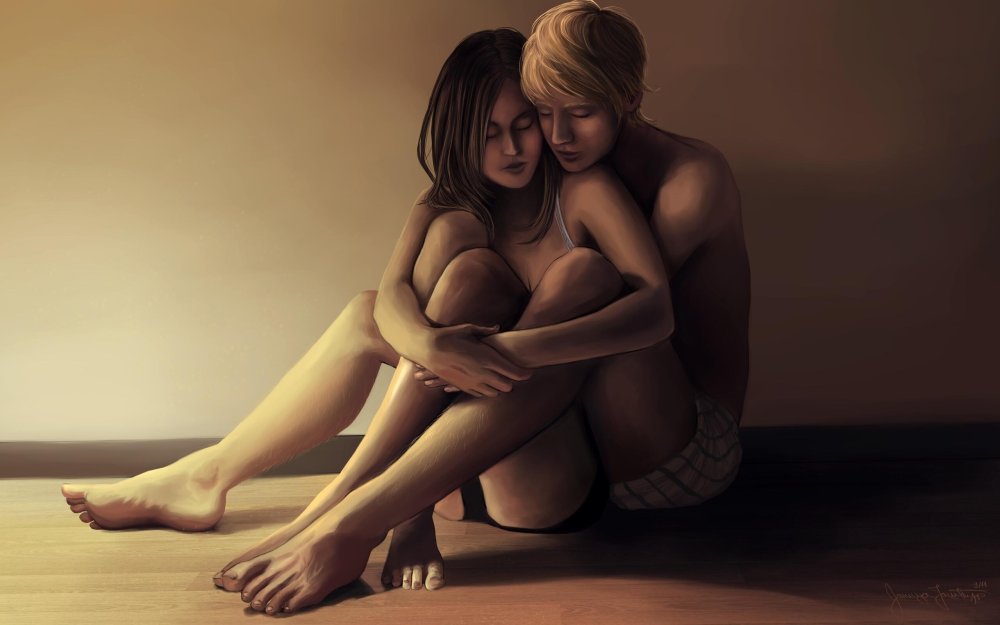Two girls hug