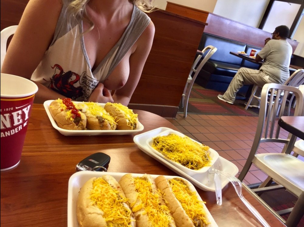 Naked chicks in a restaurant