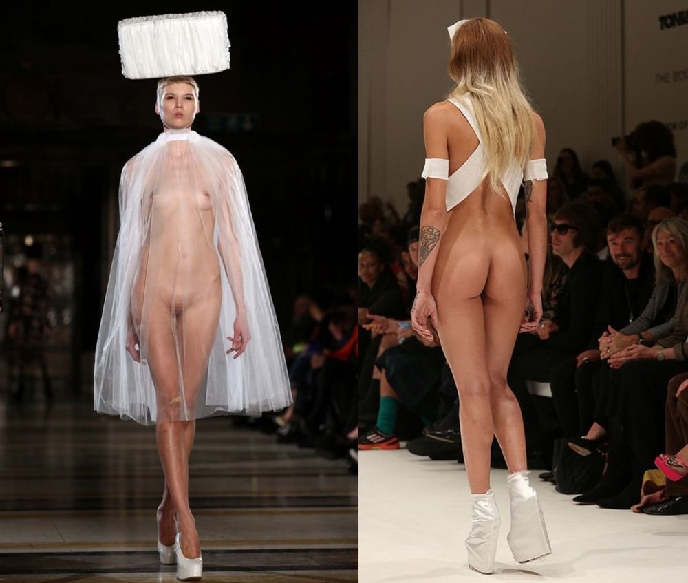 Private show on the catwalk of naked models in stockings