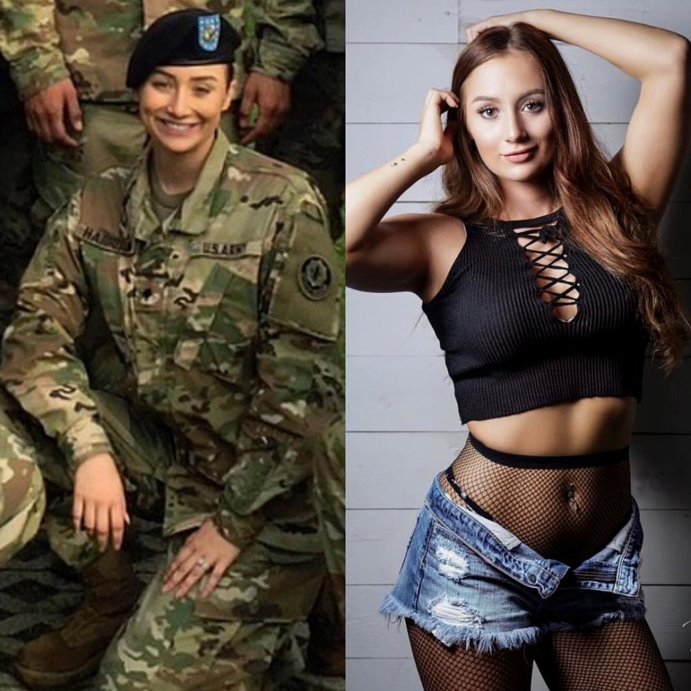 Girls in military uniform and without