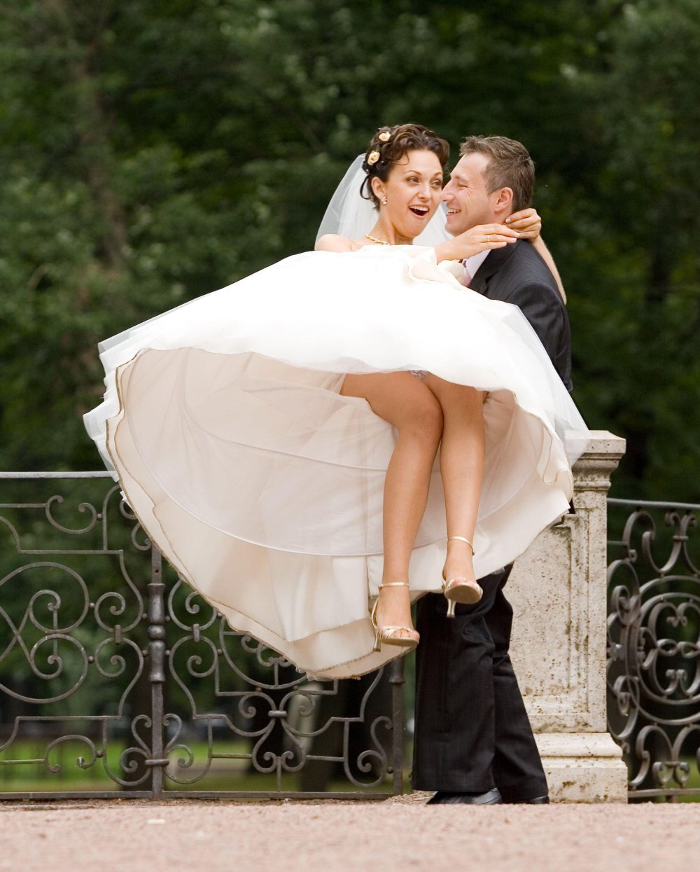 Brides in wedding dresses embarrass