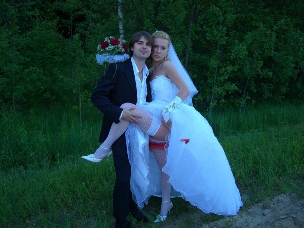 Brides in wedding dresses embarrass