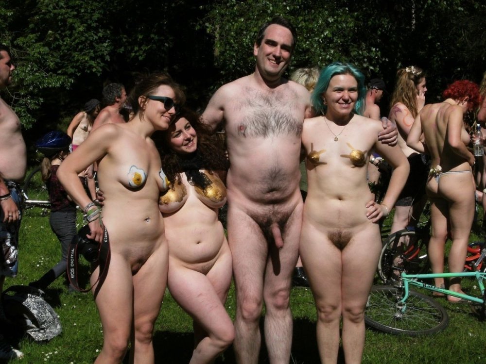 Naked woman among men