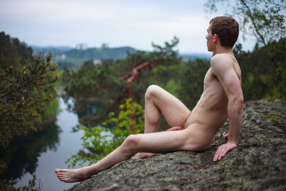 Naked hairy men in the forest