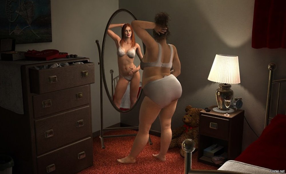 Fat girl in front of the mirror