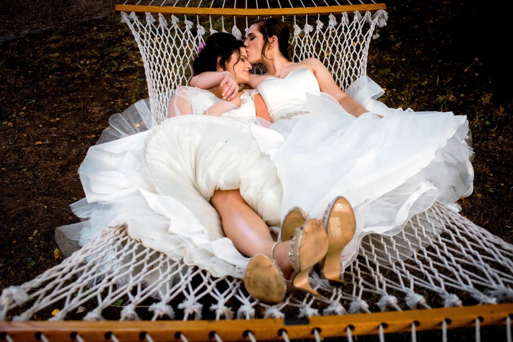 Two girls in wedding dresses