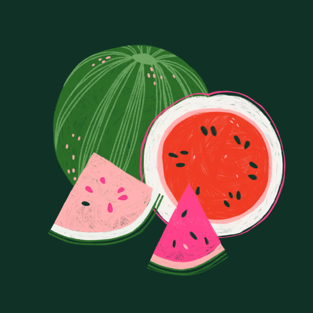 Naked chicks with watermelon on the beach