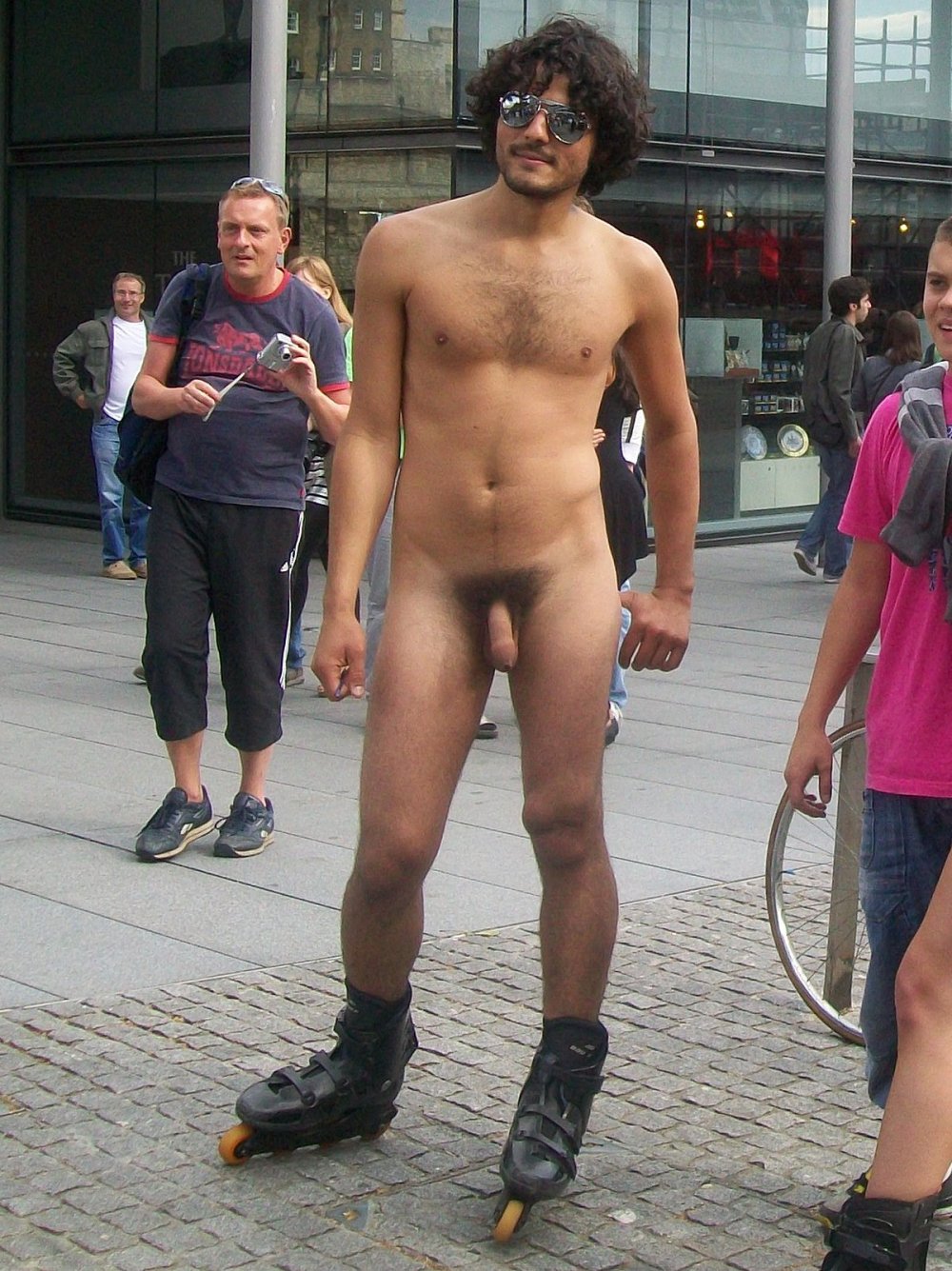 Naked Muscular Gay on the Street Barefoot on Public