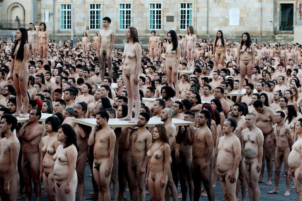 A crowd of naked women on the street