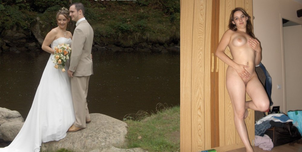 Dressed bride naked groom