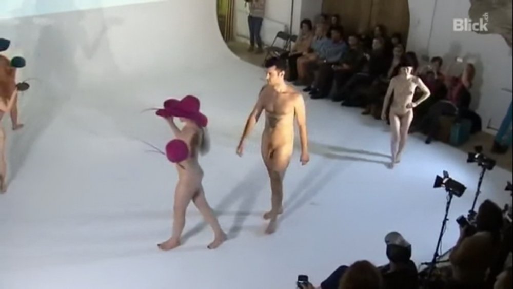 Naked fashion models on the podium