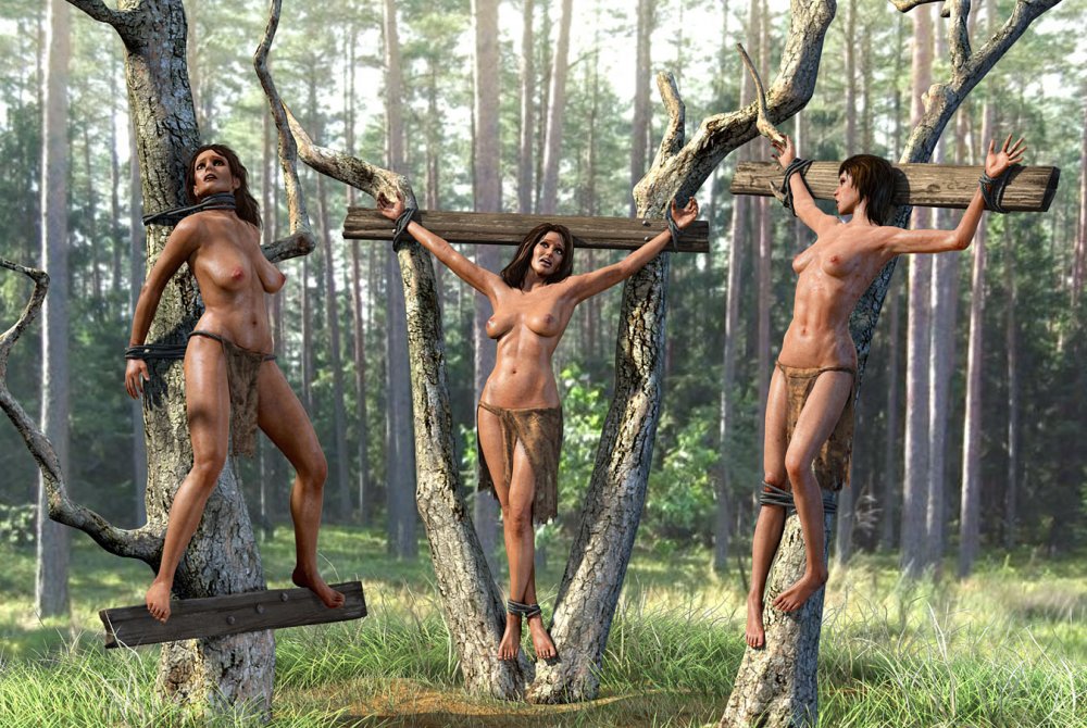 Naked women tied to post