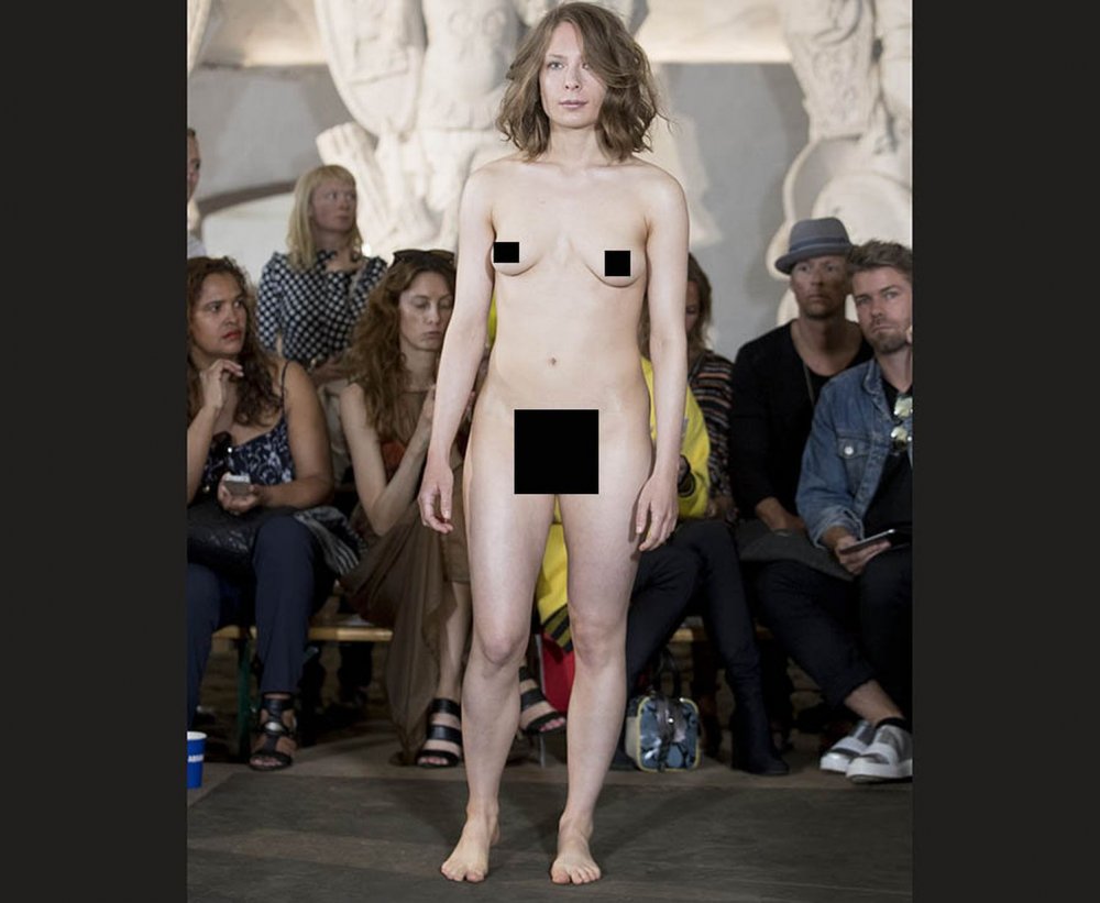 Naked fashion models on the podium