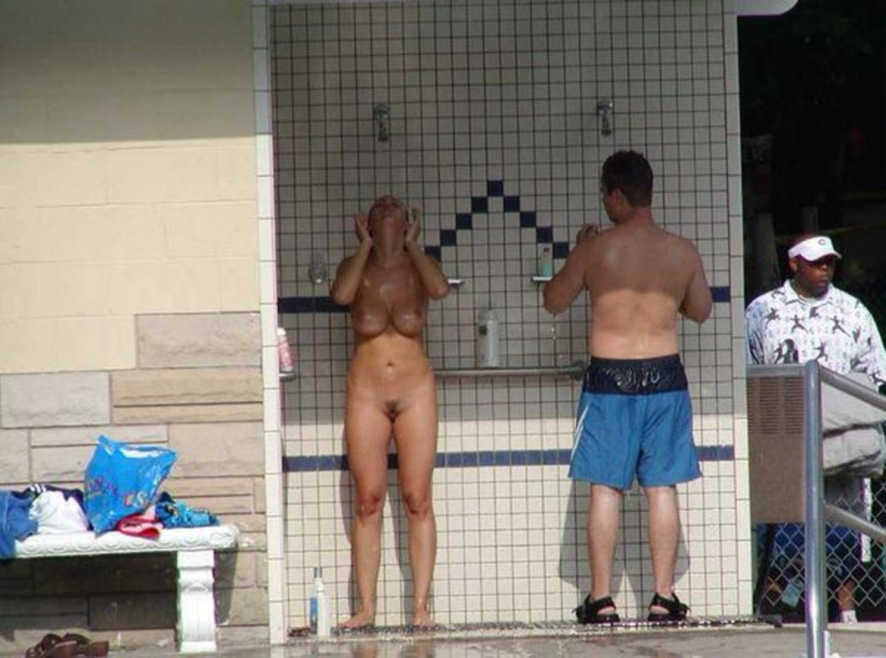Naked women in the public pool