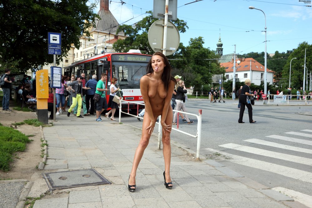 Naked women in front of the city
