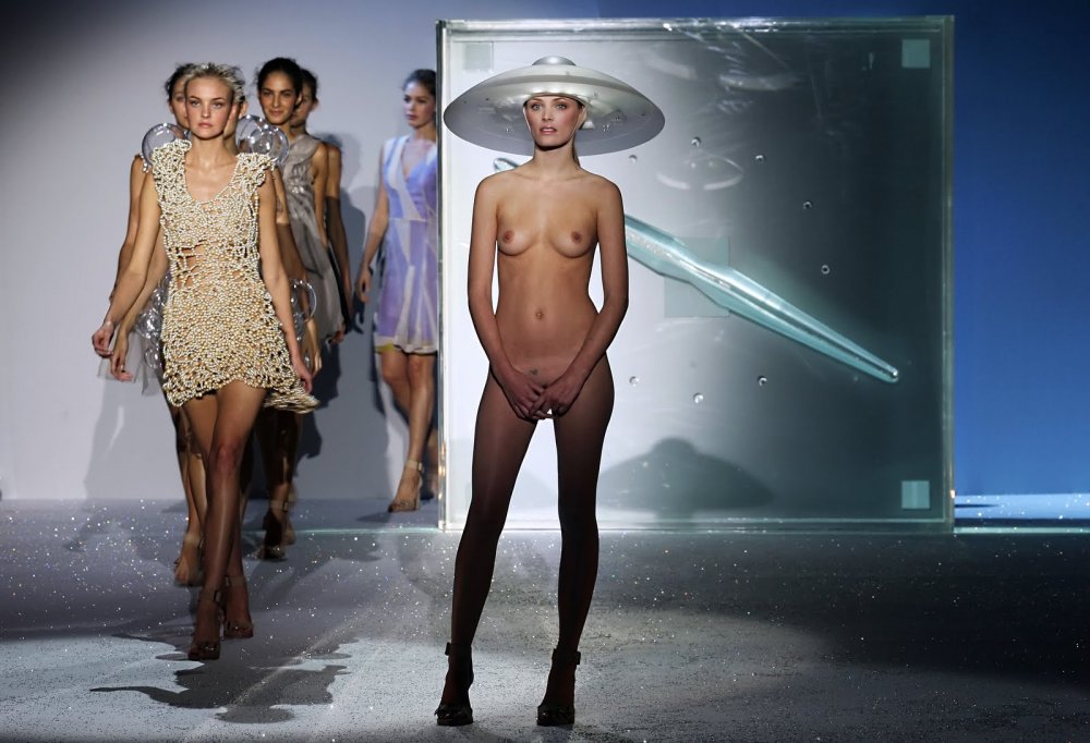 Naked fashion model on the catwalk