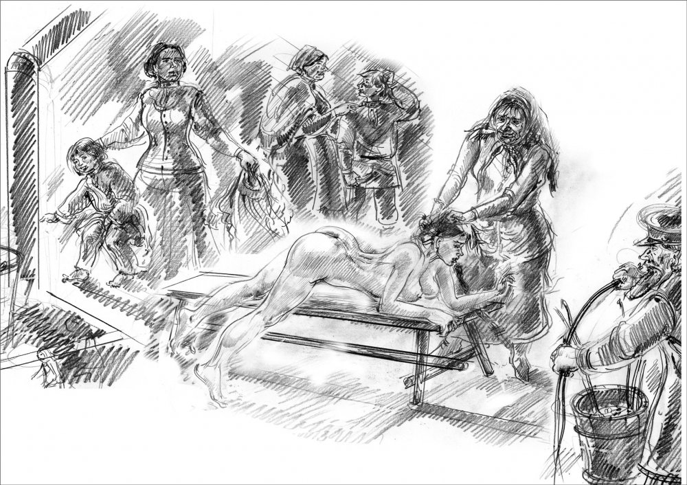 Proceeding girls with rods drawings