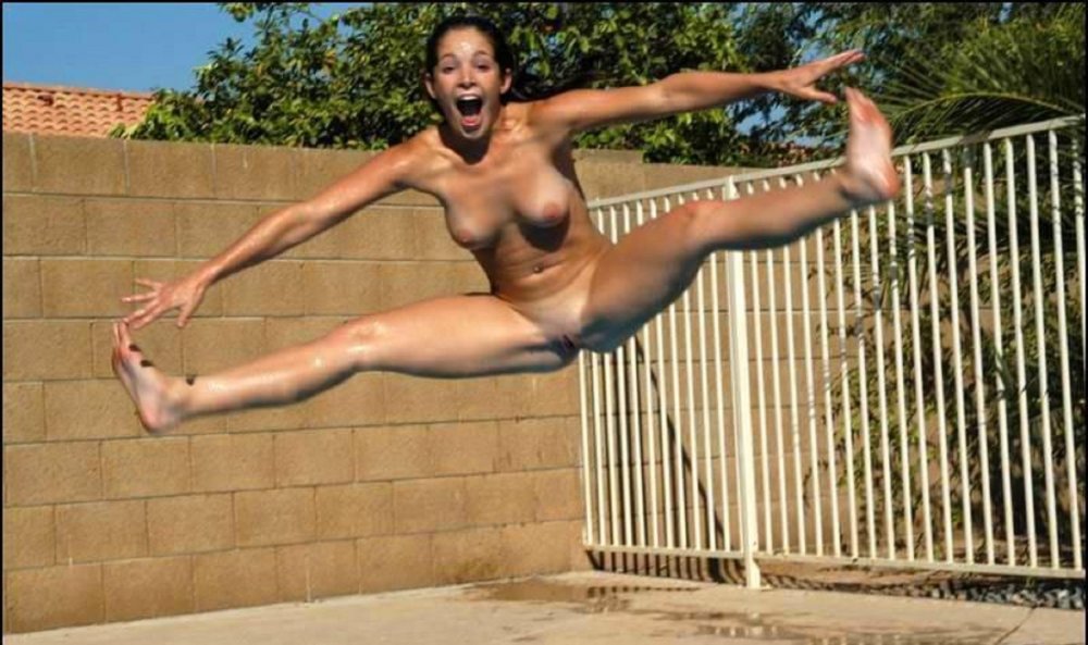 Girls with big tits jump naked on a trampoline
