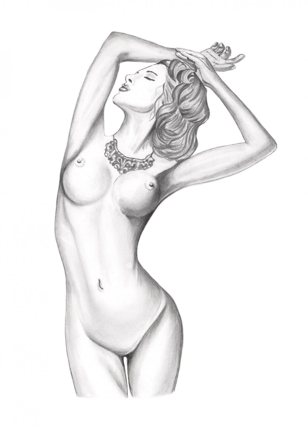 Girl drawing with a pencil nude