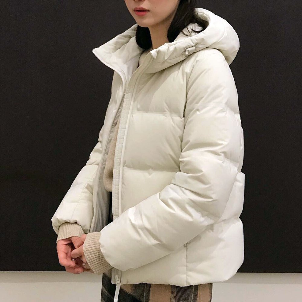 Female black down jacket leather