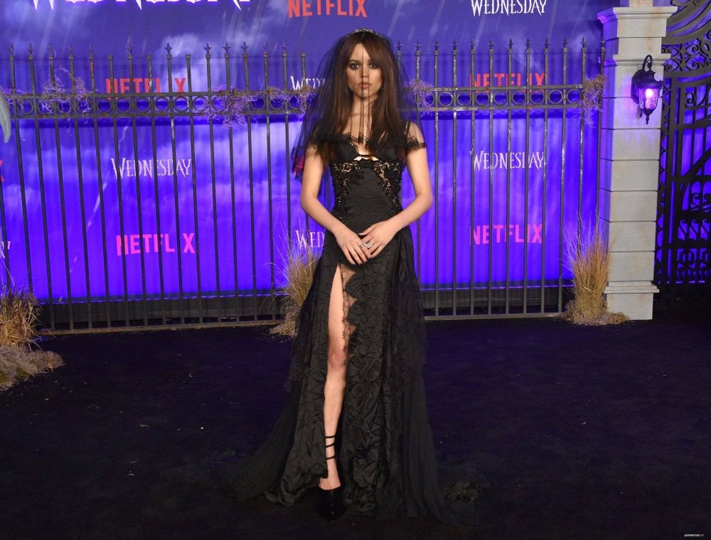 Jena Ortega in a black dress