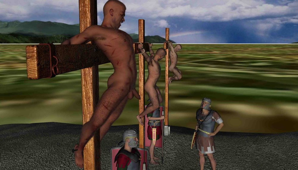 Crucifixion in Rome naked young men and prisoners of soldiers