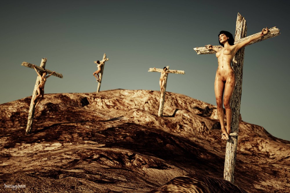 Naked woman crucified on the cross