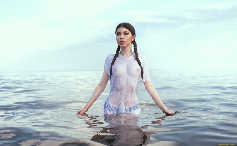 Naked in a white swimsuit dark -haired