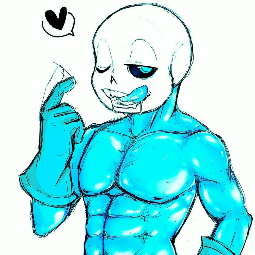Blue Sans with bare breasts