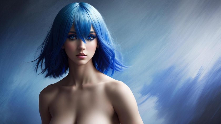 Naked woman with blue hair