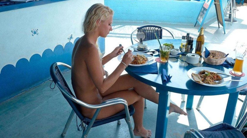 Naked at a resort in cafe