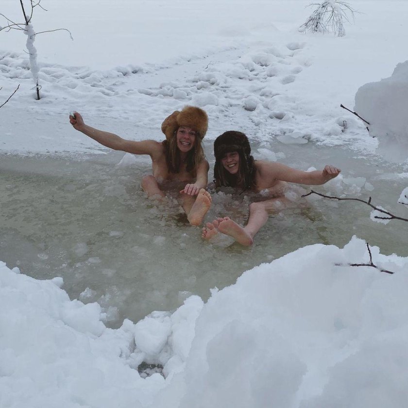 Family bathing naked