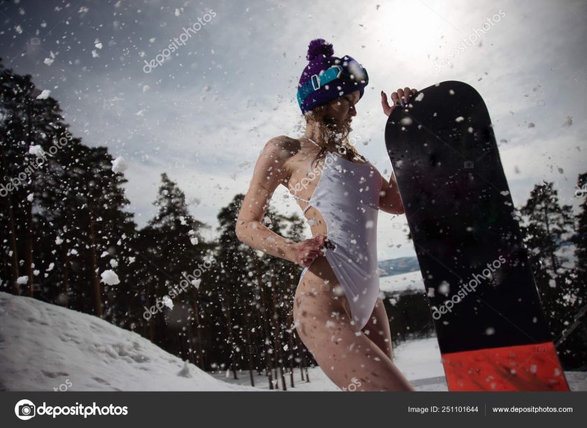 Girl in a snowboarding swimsuit