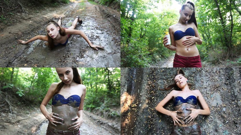 Girls are lying in mud