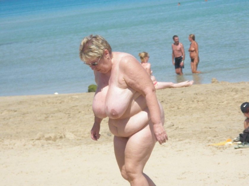 Huge tits old women on the beach