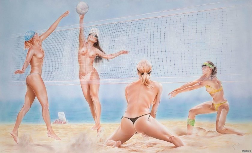 Naked volleyball players on the beach