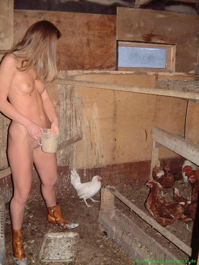 Naked girl in chicken coop