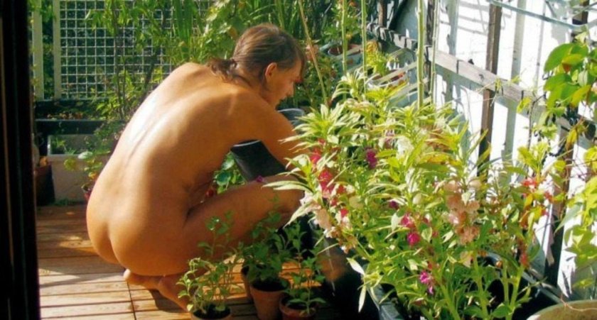 Nude girls gardening