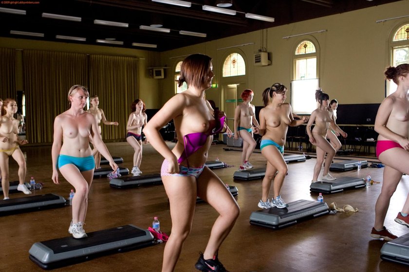 Naked are engaged in aerobics