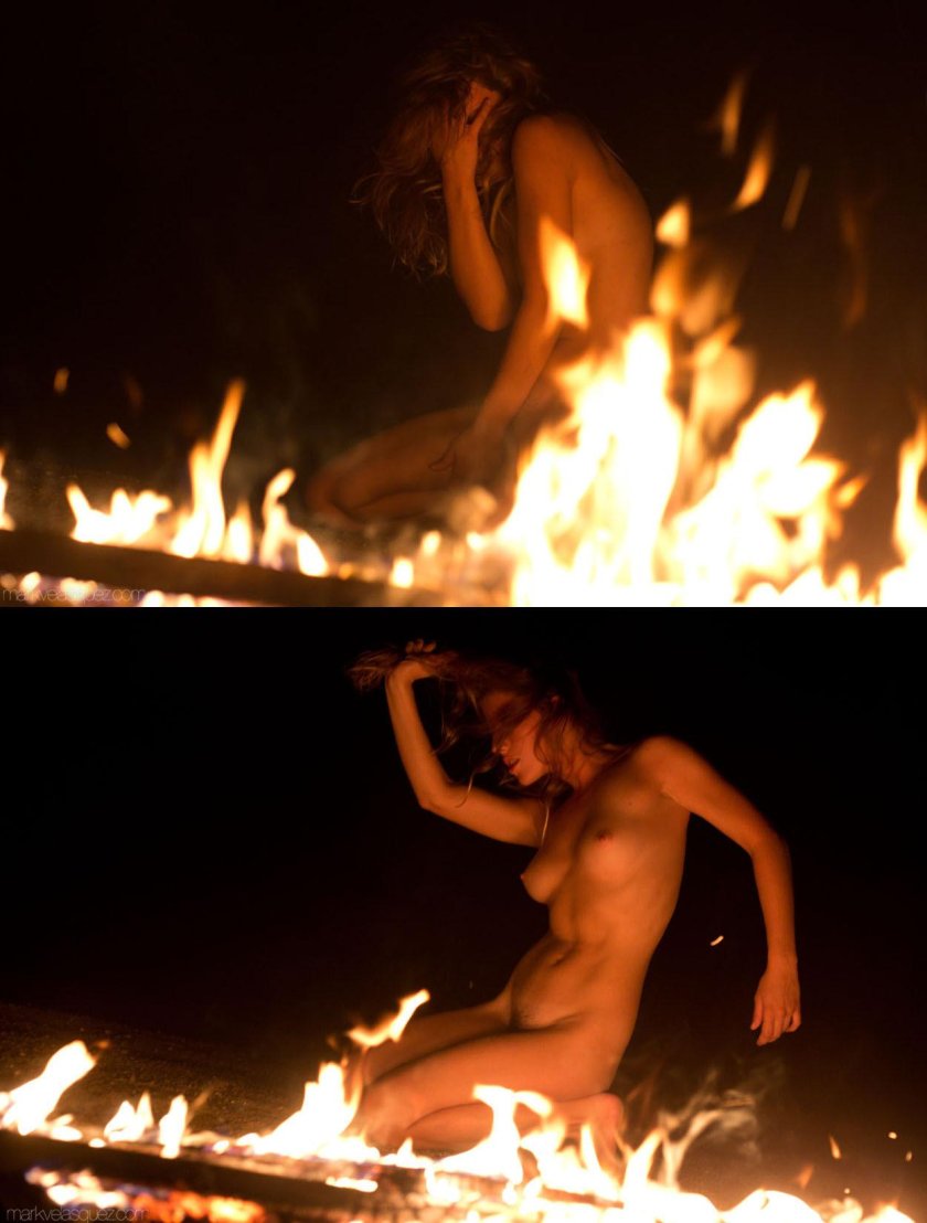 Night bonfire naked woman