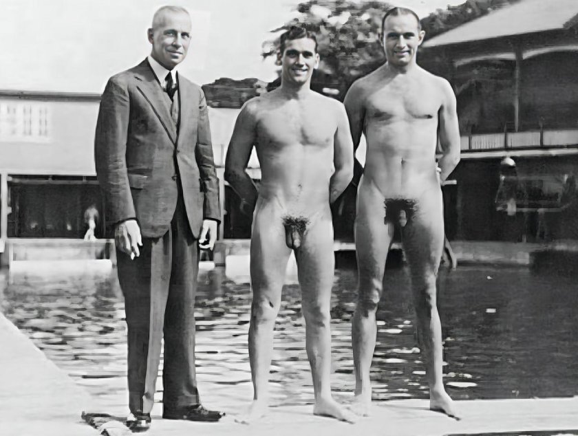 Swimming retro naked men