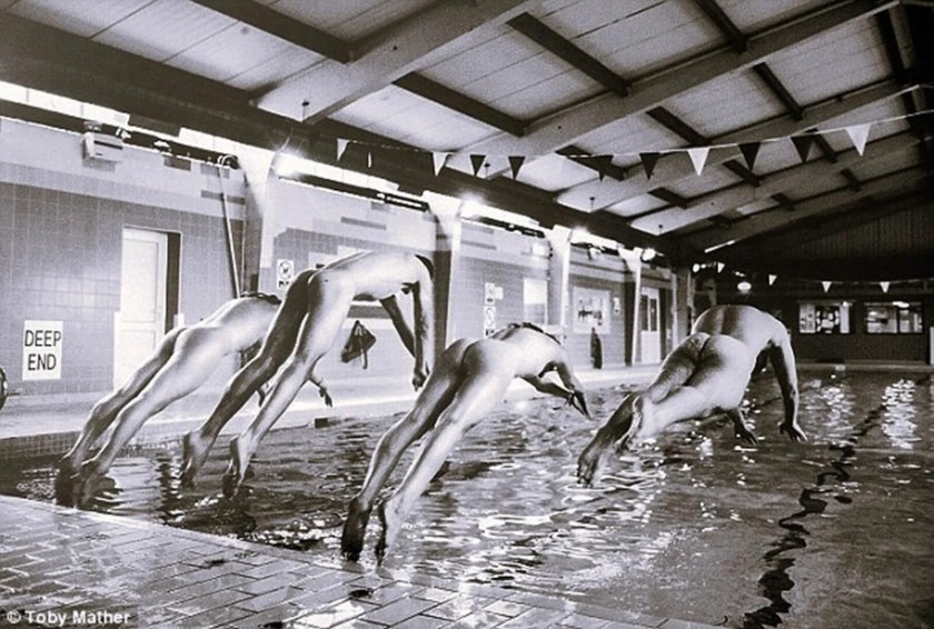 Naked swimmers in the pool